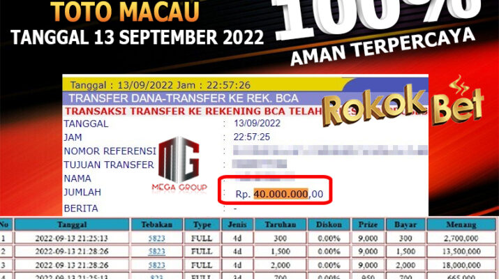 Bukti Pembayaran Togel Hadiah Terbesar Rokokbet Tanggal 13 September 2022