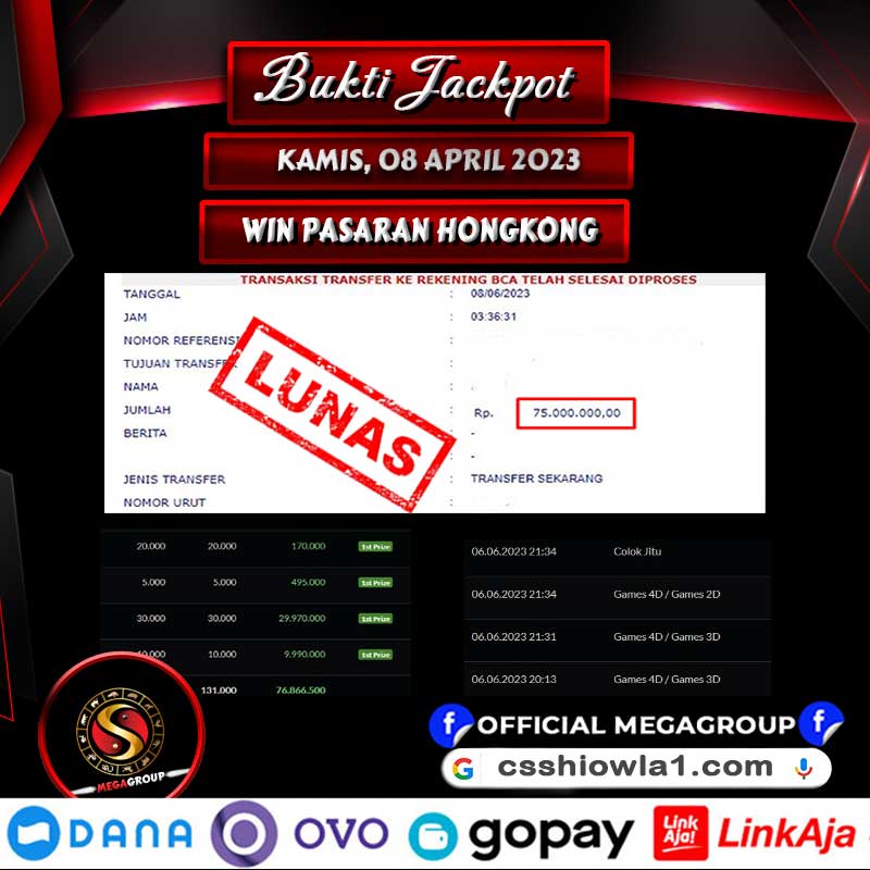 Bukti Pembayaran Hadiah togel Terbesar SHIOWLA Tanggal 08 juni 2023