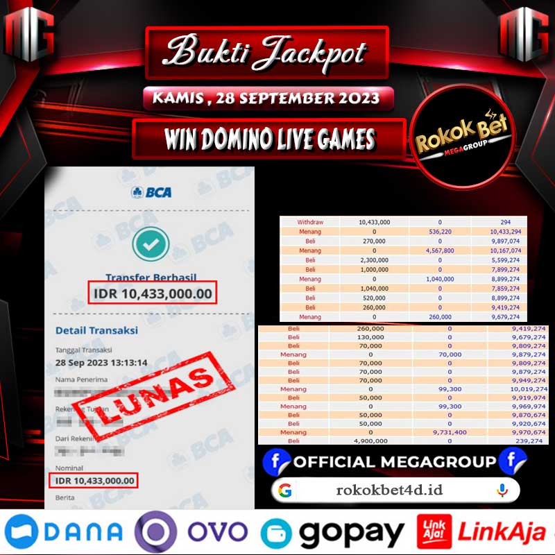 Bukti Pembayaran Hadiah Togel Terbesar ROKOKBET Tanggal 28 september 2023