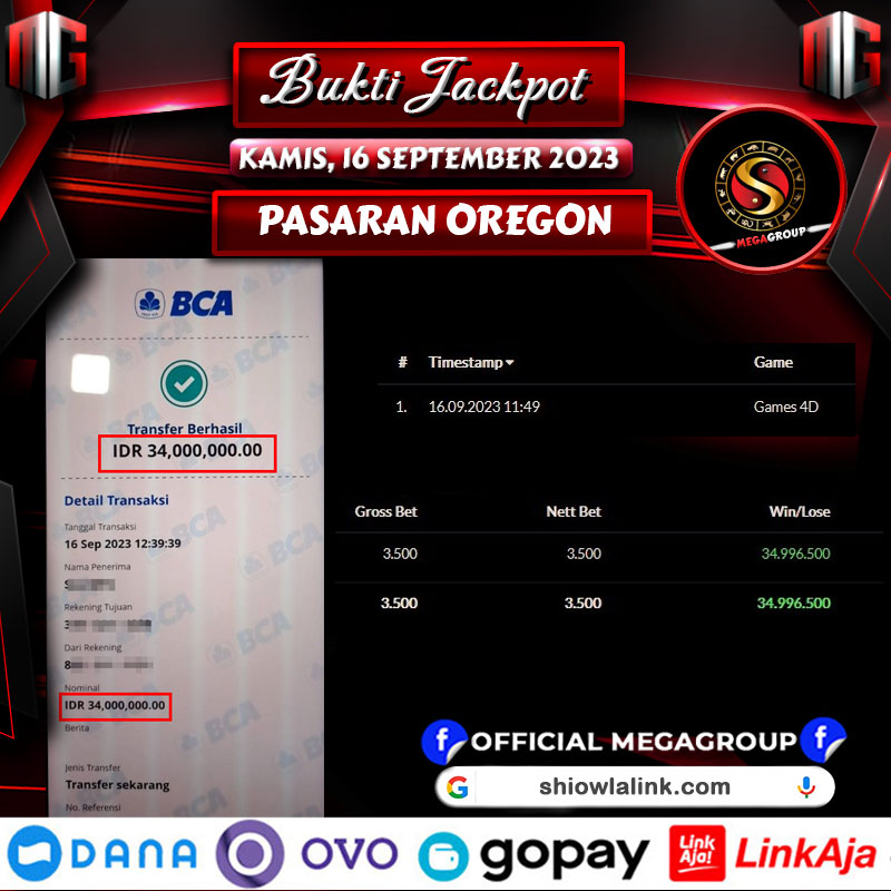 Bukti Pembayaran Hadiah togel Terbesar shiowla Tanggal 16 September 2023