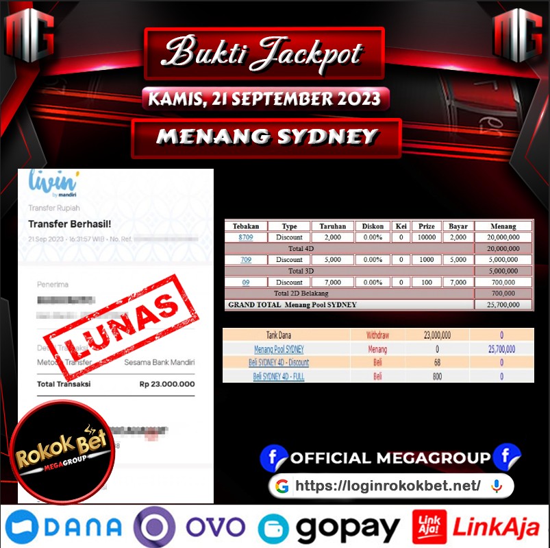 Bukti Pembayaran Hadiah Togel Terbesar ROKOKBET Tanggal 21 september 2023