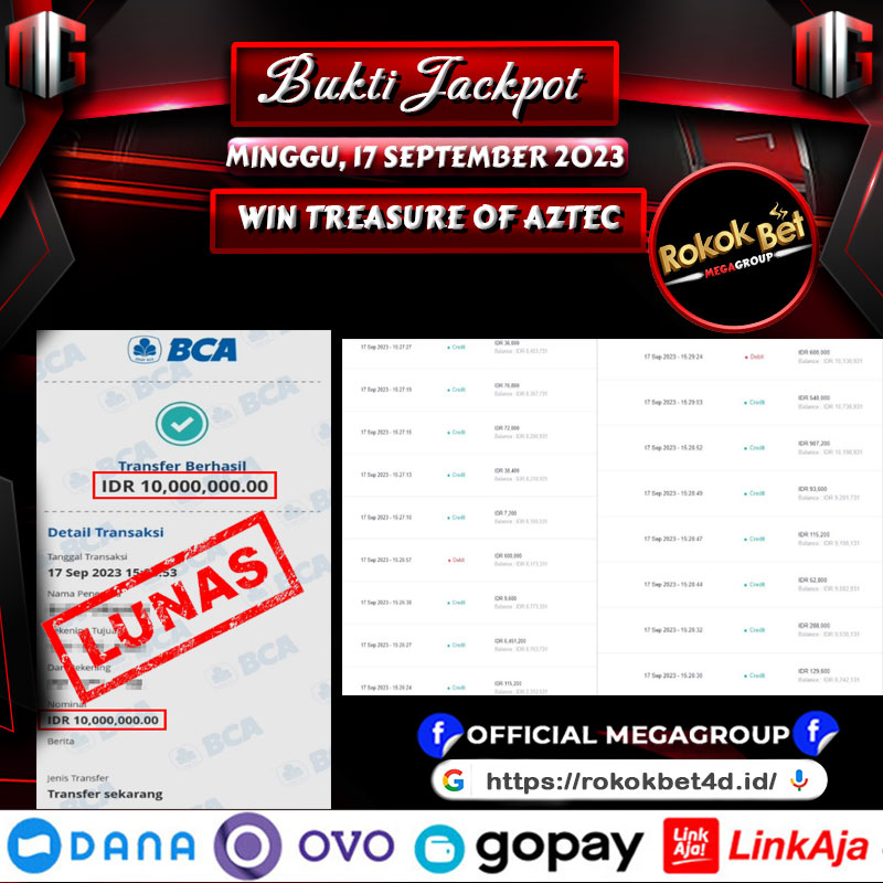 Bukti Pembayaran Hadiah Game Terbesar rokokbet Tanggal 17 september 2023