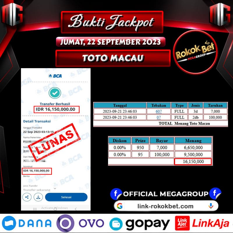 Bukti Pembayaran Hadiah Togel Terbesar ROKOKBET Tanggal 22 september 2023