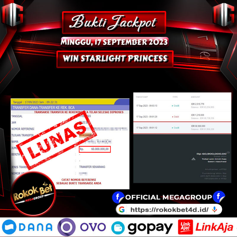 Bukti Pembayaran Hadiah Game Terbesar rokokbet Tanggal 17 september 2023