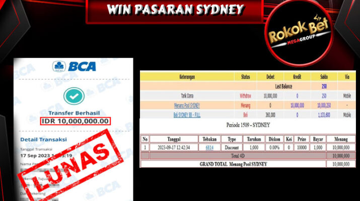 Bukti Pembayaran Hadiah Togel Terbesar ROKOKBET Tanggal 17 september 2023