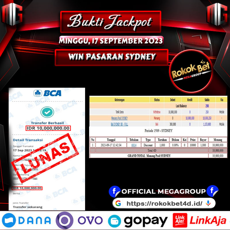 Bukti Pembayaran Hadiah Togel Terbesar ROKOKBET Tanggal 17 september 2023