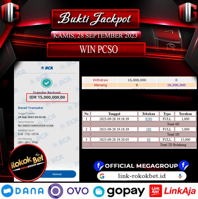 Bukti Pembayaran Hadiah Togel Terbesar ROKOKBET Tanggal 28 september 2023