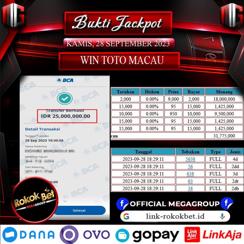 Bukti Pembayaran Hadiah Togel Terbesar ROKOKBET Tanggal 28 september 2023