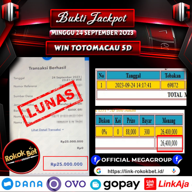 Bukti Pembayaran Hadiah Togel Terbesar ROKOKBET Tanggal 24 september 2023