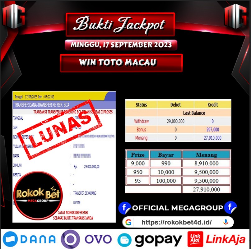 Bukti Pembayaran Hadiah Togel Terbesar ROKOKBET Tanggal 17 september 2023