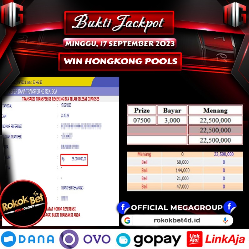 Bukti Pembayaran Hadiah Togel Terbesar ROKOKBET Tanggal 17 september 2023