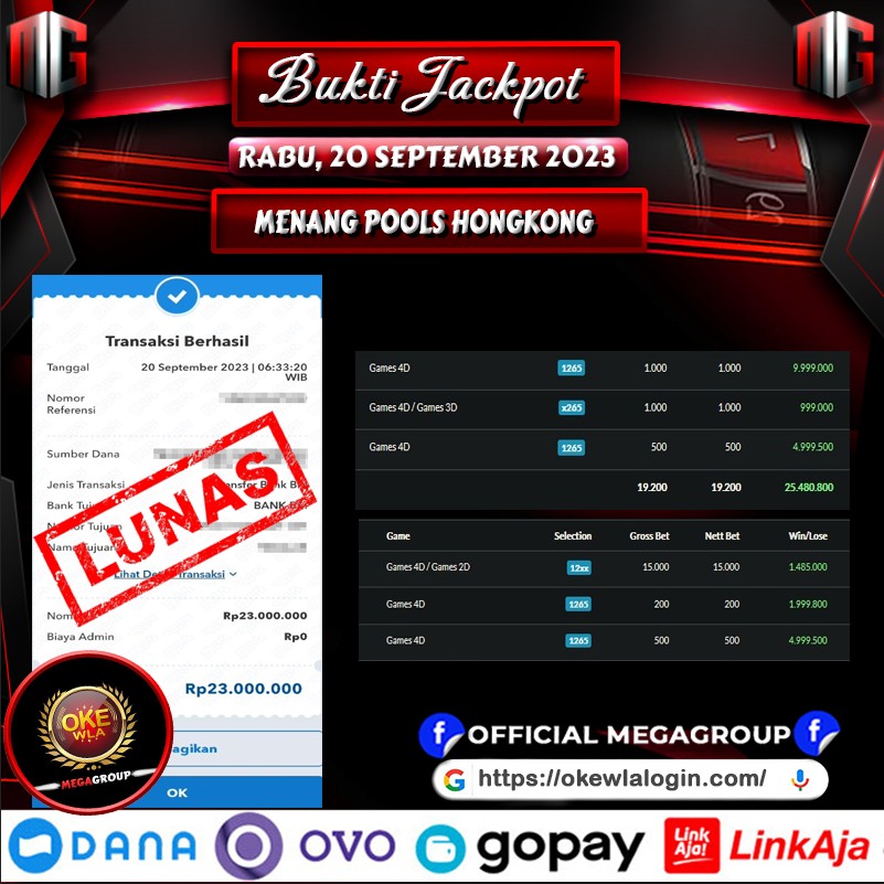 Bukti Pembayaran Hadiah Togel Terbesar OKEWLA Tanggal 20 September 2023