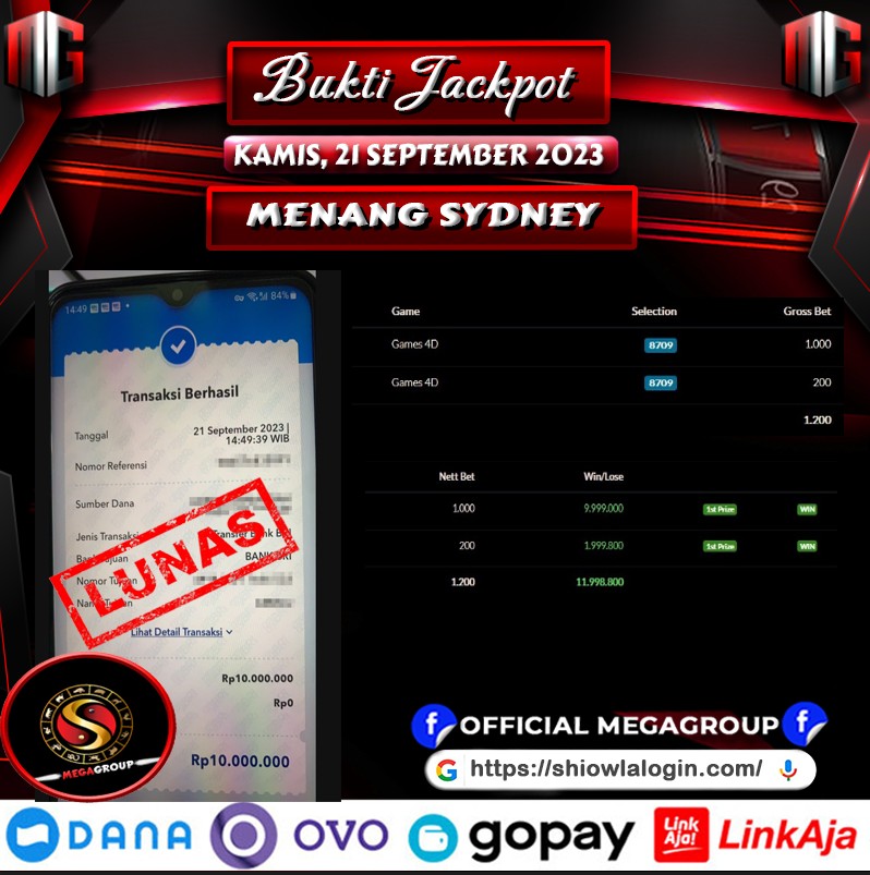 Bukti Pembayaran Hadiah Togel Terbesar shiowla Tanggal 21 September 2023