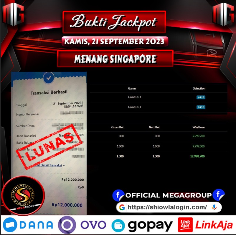 Bukti Pembayaran Hadiah Togel Terbesar shiowla Tanggal 21 September 2023