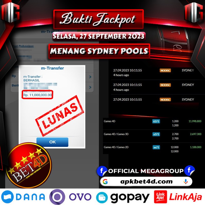 Bukti Pembayaran Hadiah Togel Terbesar BET4D Tanggal 27 september 2023