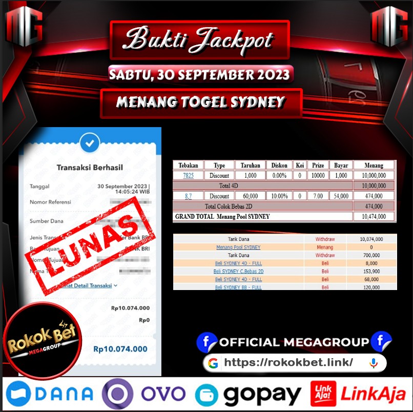 Bukti Pembayaran Hadiah Togel Terbesar ROKOKBET Tanggal 30 september 2023