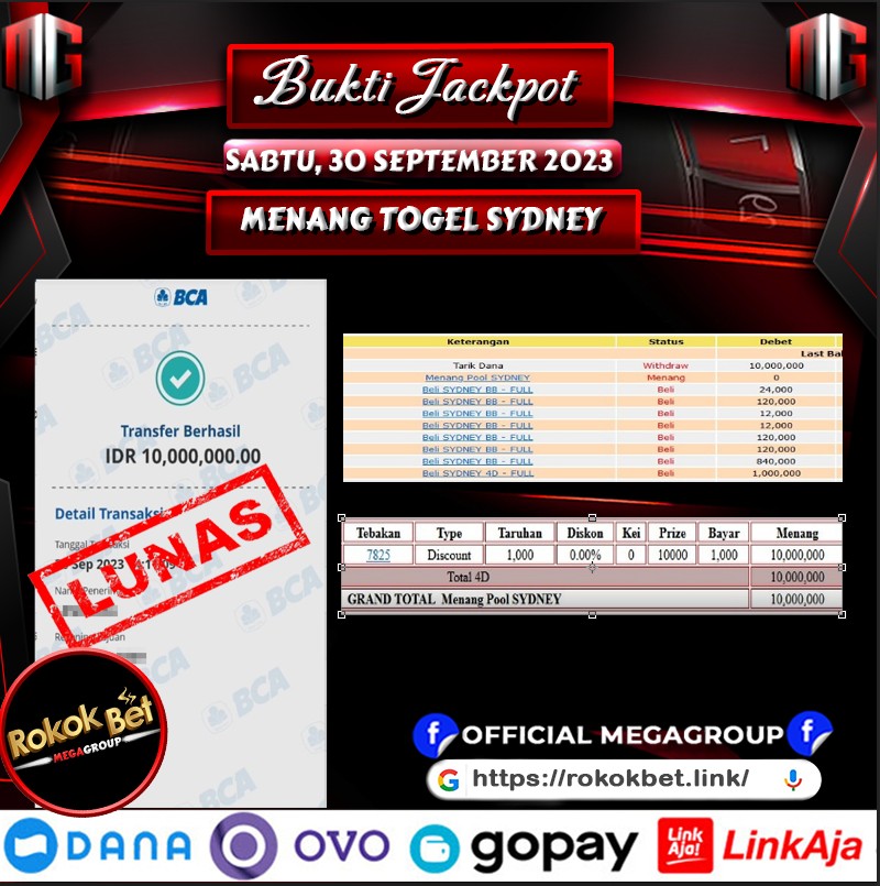 Bukti Pembayaran Hadiah Togel Terbesar ROKOKBET Tanggal 30 september 2023