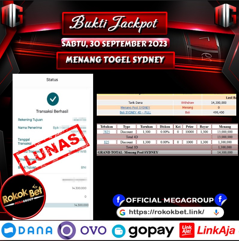 Bukti Pembayaran Hadiah Togel Terbesar ROKOKBET Tanggal 30 september 2023