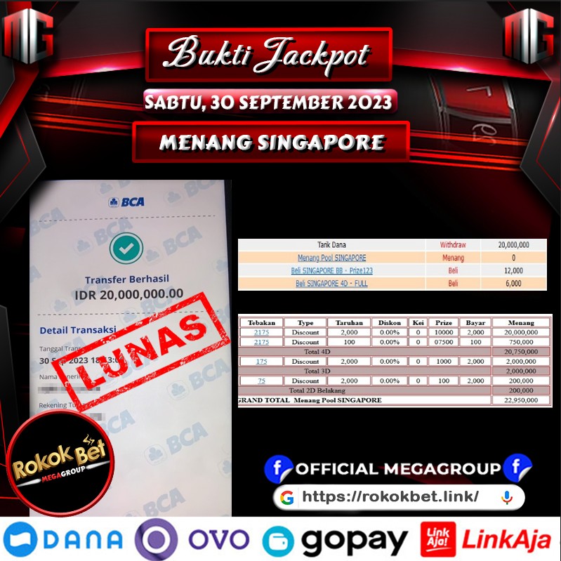 Bukti Pembayaran Hadiah Togel Terbesar ROKOKBET Tanggal 30 september 2023