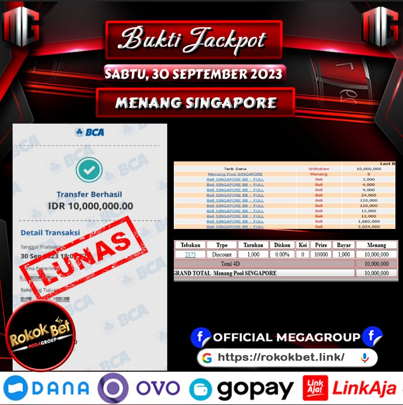 Bukti Pembayaran Hadiah Togel Terbesar ROKOKBET Tanggal 30 september 2023