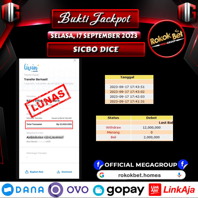 Bukti Pembayaran Hadiah games Terbesar ROKOKBET Tanggal 17 September 2023