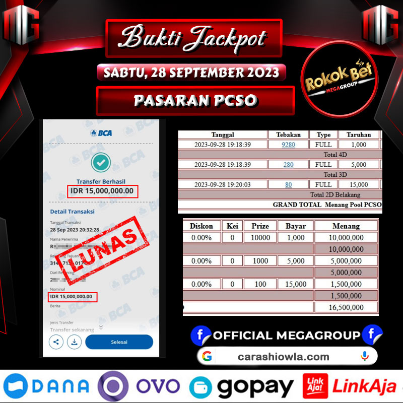 Bukti Pembayaran Hadiah Togel Terbesar ROKOKBET Tanggal 28 september 2023