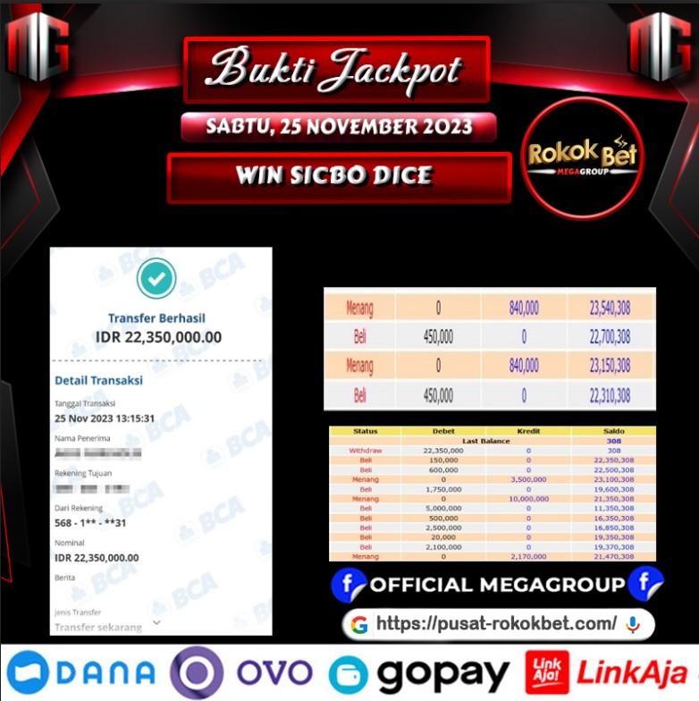 Bukti Pembayaran Hadiah games Terbesar rokokbet Tanggal 25 november 2023