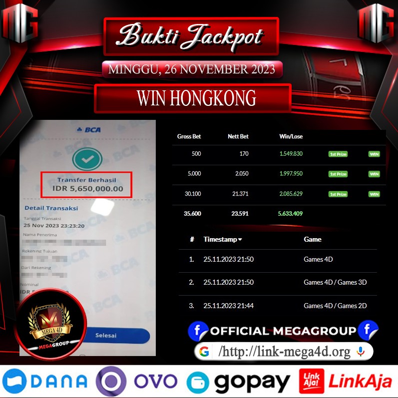 Bukti Pembayaran Hadiah Togel Terbesar mega4d Tanggal 26 november 2023