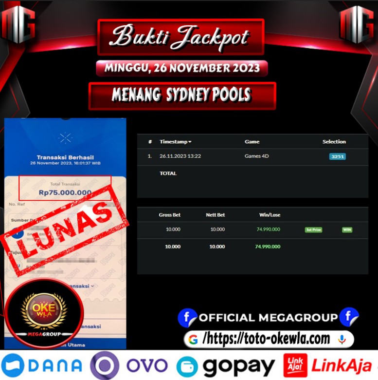 Bukti Pembayaran Hadiah Togel Terbesar okewla Tanggal 26 november 2023