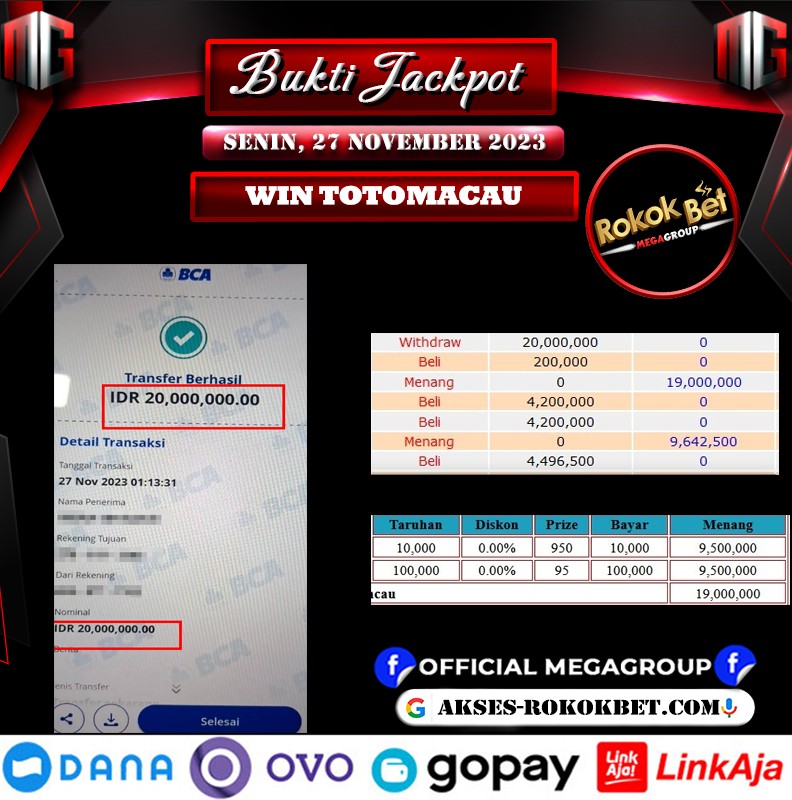 Bukti Pembayaran Hadiah games Terbesar rokokbet Tanggal 27 november 2023