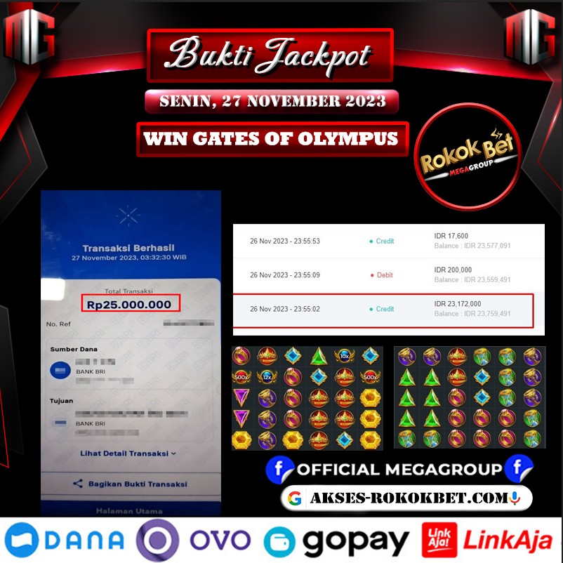 Bukti Pembayaran Hadiah games Terbesar rokokbet Tanggal 27 november 2023