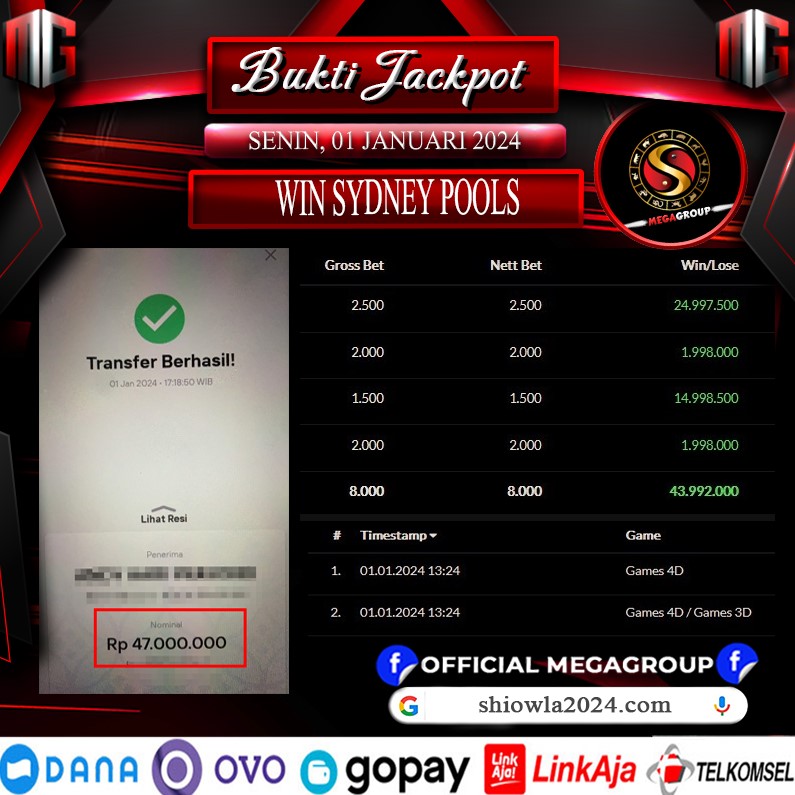 Bukti Pembayaran Hadiah TOGEL Terbesar Shiowla Tanggal 01 JANUARI 2024