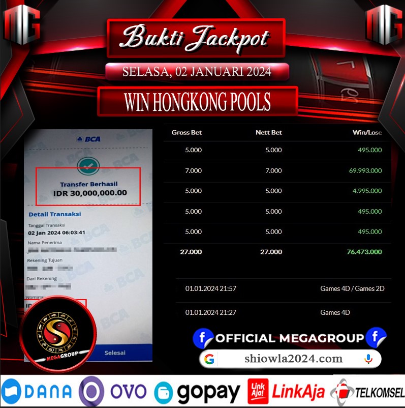 Bukti Pembayaran Hadiah TOGEL Terbesar Shiowla Tanggal 02 JANUARI 2024