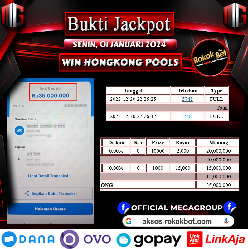 Bukti Pembayaran Hadiah Togel Terbesar rokokbet Tanggal 01 Januari 2023