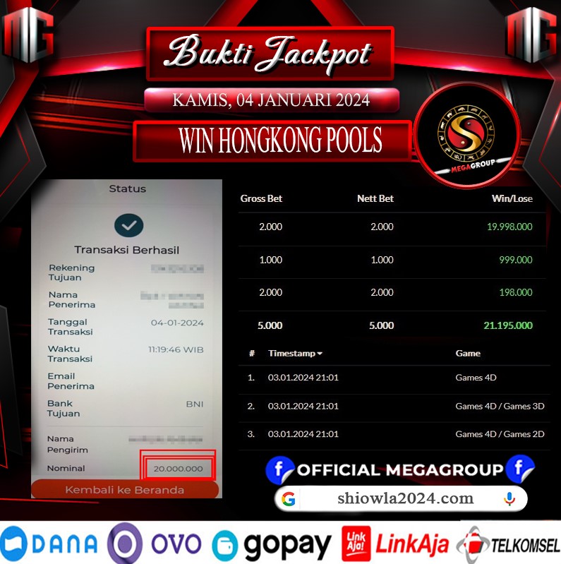 Bukti Pembayaran Hadiah TOGEL Terbesar Shiowla Tanggal 04 JANUARI 2024