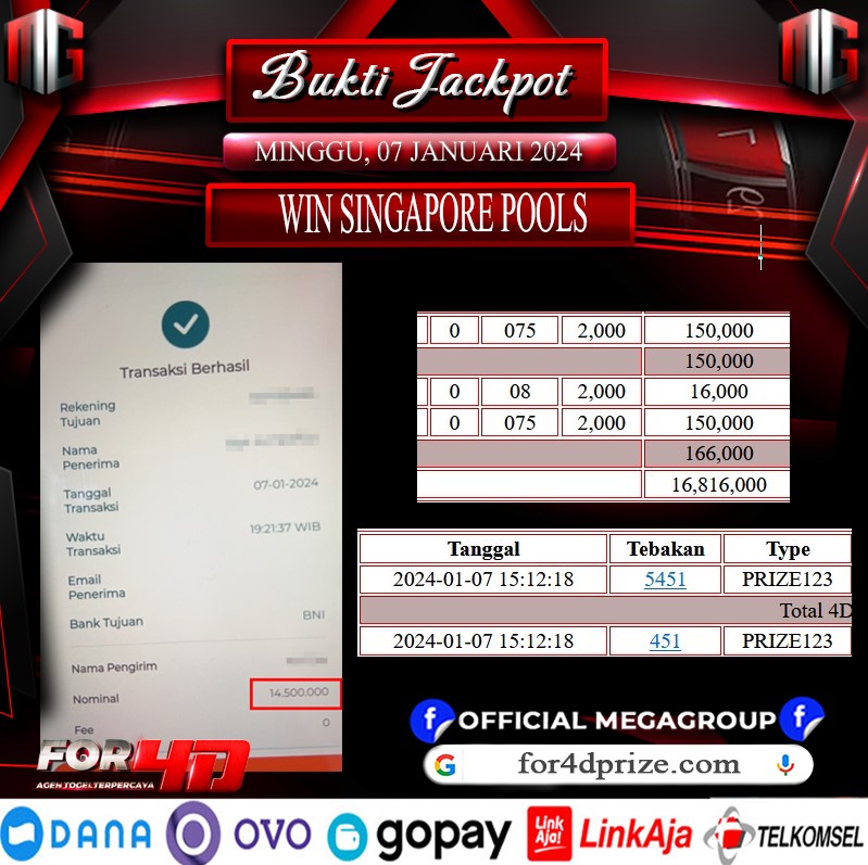 Bukti Pembayaran Hadiah togel Terbesar For4d Tanggal 07 januari 2024