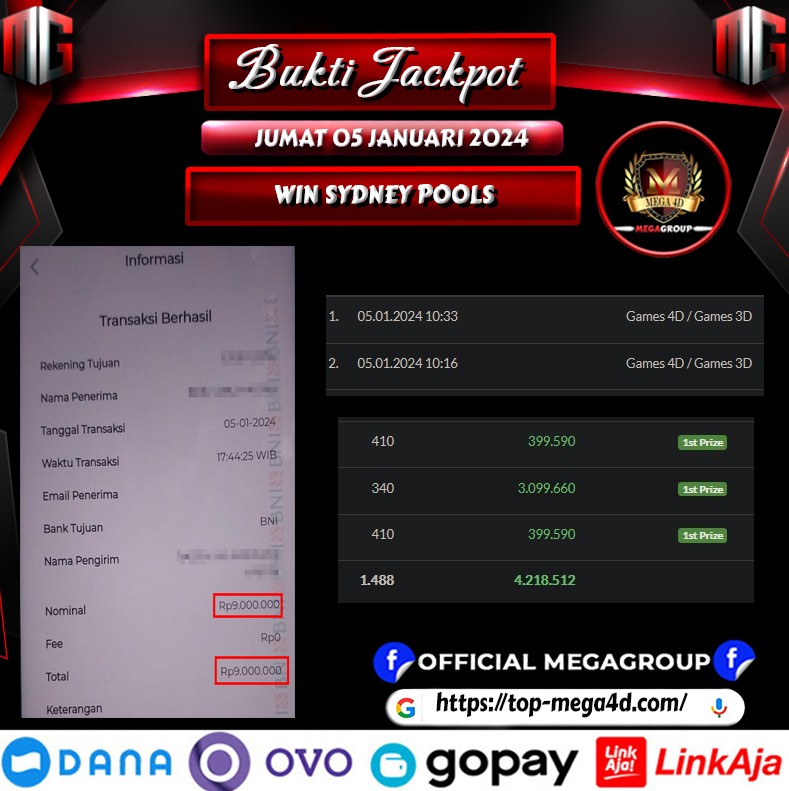 Bukti Pembayaran Hadiah TOGEL Terbesar Mega4d Tanggal 06 JANUARI 2024