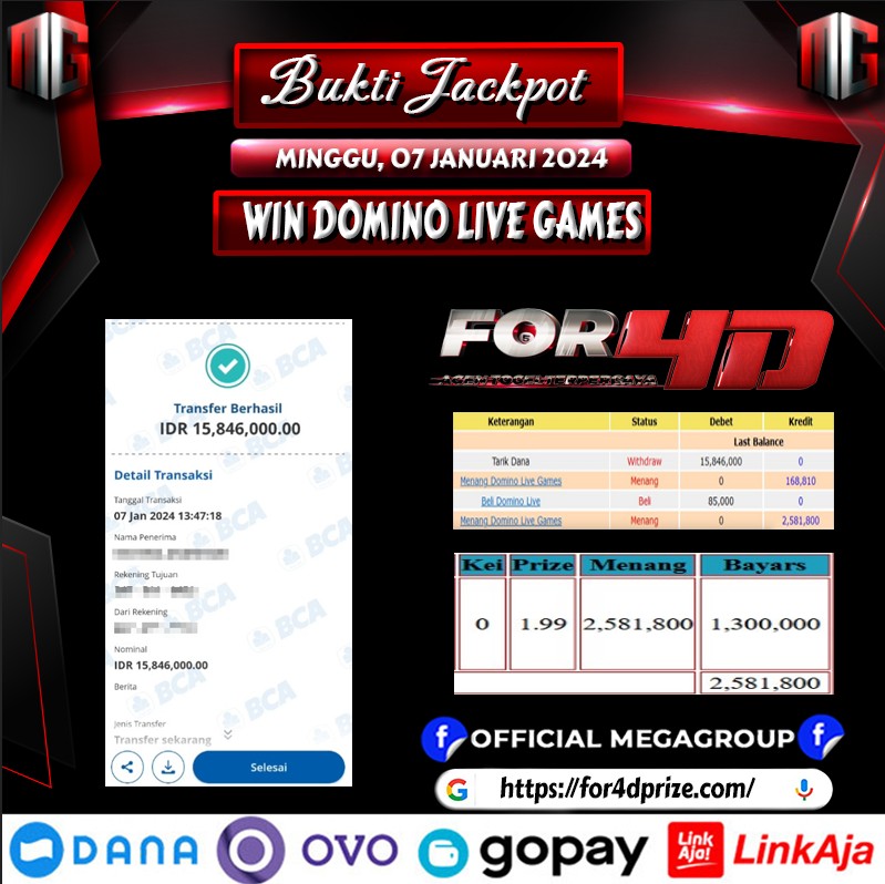 Bukti Pembayaran Hadiah games Terbesar For4d Tanggal 07 januari 2024