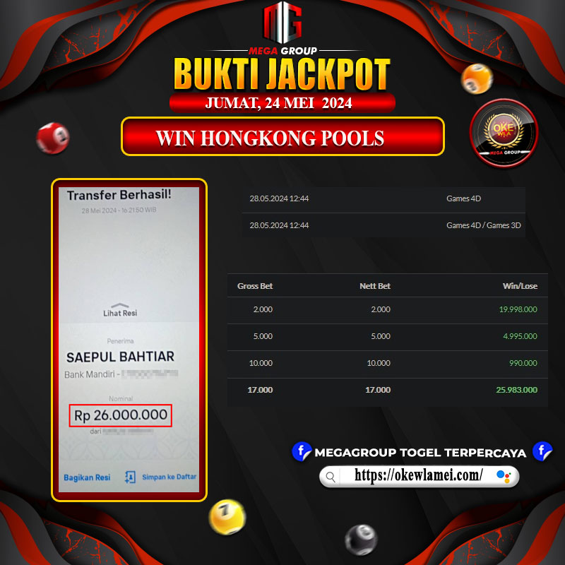 Bukti Pembayaran Hadiah Togel Terbesar OKEWLA Tanggal 28 Mei 2024