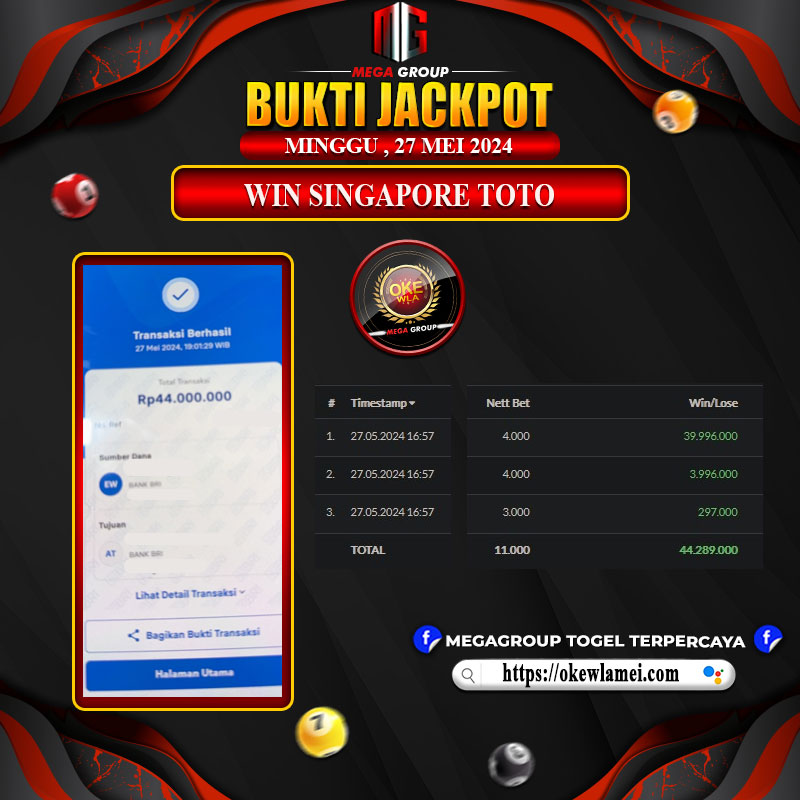 Bukti Pembayaran Hadiah Togel Terbesar OKEWLA Tanggal 27 Mei 2024