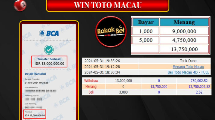 Bukti Pembayaran Hadiah TOGEL Terbesar rokokbet Tanggal 31 MEI 2024