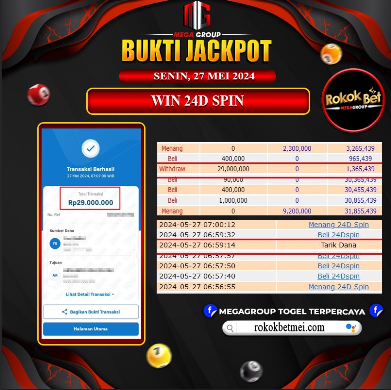 Bukti Pembayaran Hadiah Togel Terbesar rokokbet Tanggal 27 MEI 2024