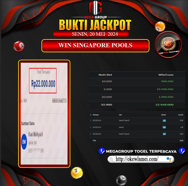 Bukti Pembayaran Hadiah Togel Terbesar OKEWLA Tanggal 20 Mei 2024