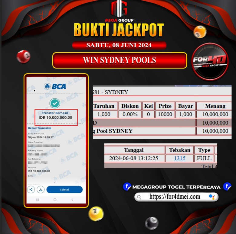 Bukti Pembayaran Hadiah Togel Terbesar for4d Tanggal 08 Juni 2024