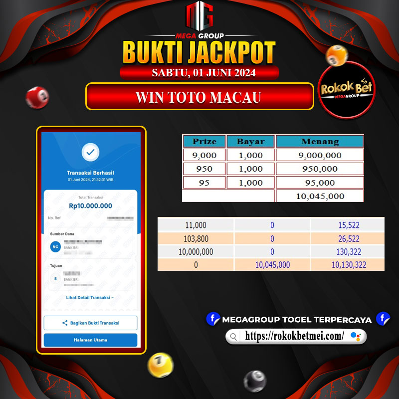 Pembayaran kemenangan togel hadiah terbesar rokokbet sebesar 10 juta rupiah. Bukti 100% Asli dan dijamin Rokokbet sangat terpercaya.