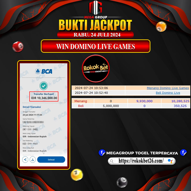 Bukti Pembayaran Hadiah Games Terbesar ROKOKBET Tanggal 24 juli 2024