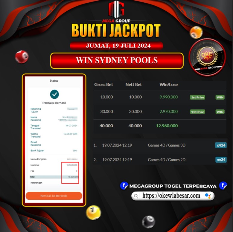 Bukti Pembayaran Hadiah Togel Terbesar okewla Tanggal 19 juli 2024