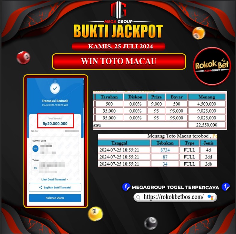 Bukti Pembayaran Hadiah Togel Terbesar ROKOKBET Tanggal 25 juli 2024