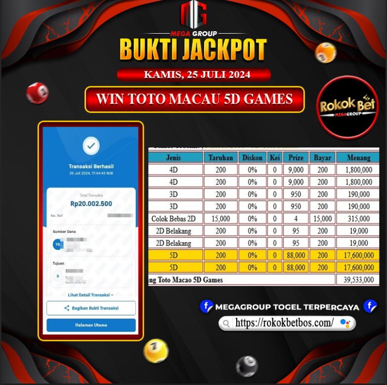 Bukti Pembayaran Hadiah Togel Terbesar ROKOKBET Tanggal 25 juli 2024