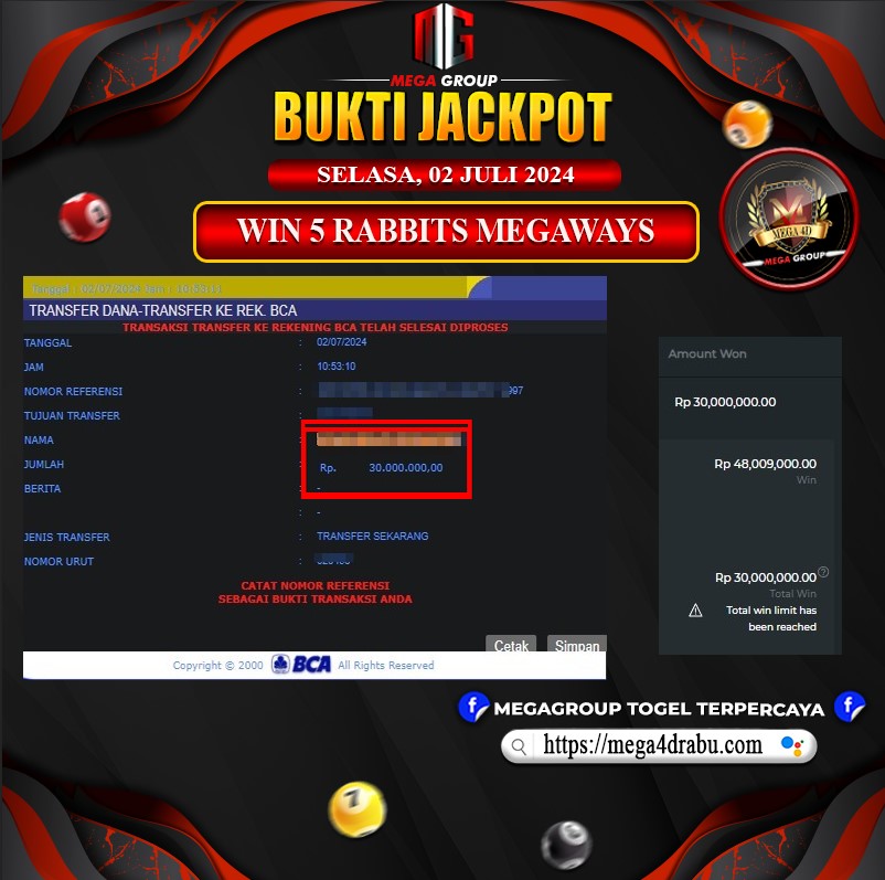 Bukti Pembayaran Hadiah Games Terbesar mega4d Tanggal 02 juli 2024